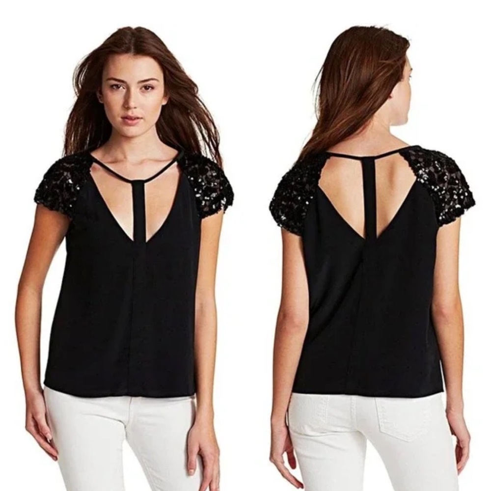 BCBGMaxAzria Black Top with Lace Cap Sleeves